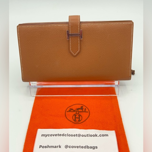 Hermes Handbags - HERMES Bearn Gold Leather Wallet with H Closure w/Dust Bag Good Condition